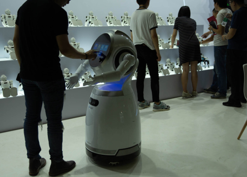 A man interacting with an interactive robot