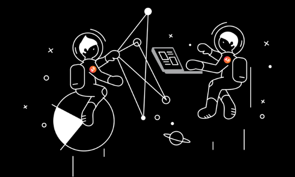 Two astronauts working on electronic devices